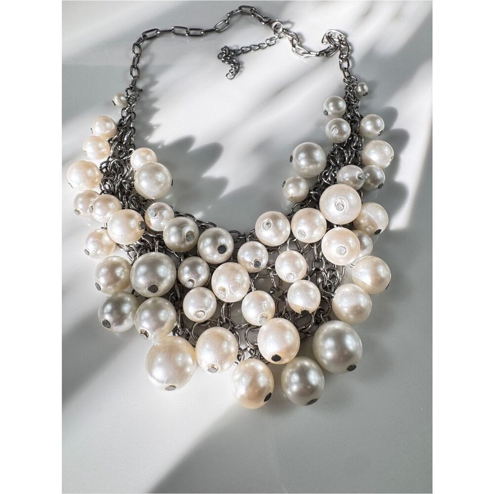 Zara Pearl Cluster Necklace in White and Silver